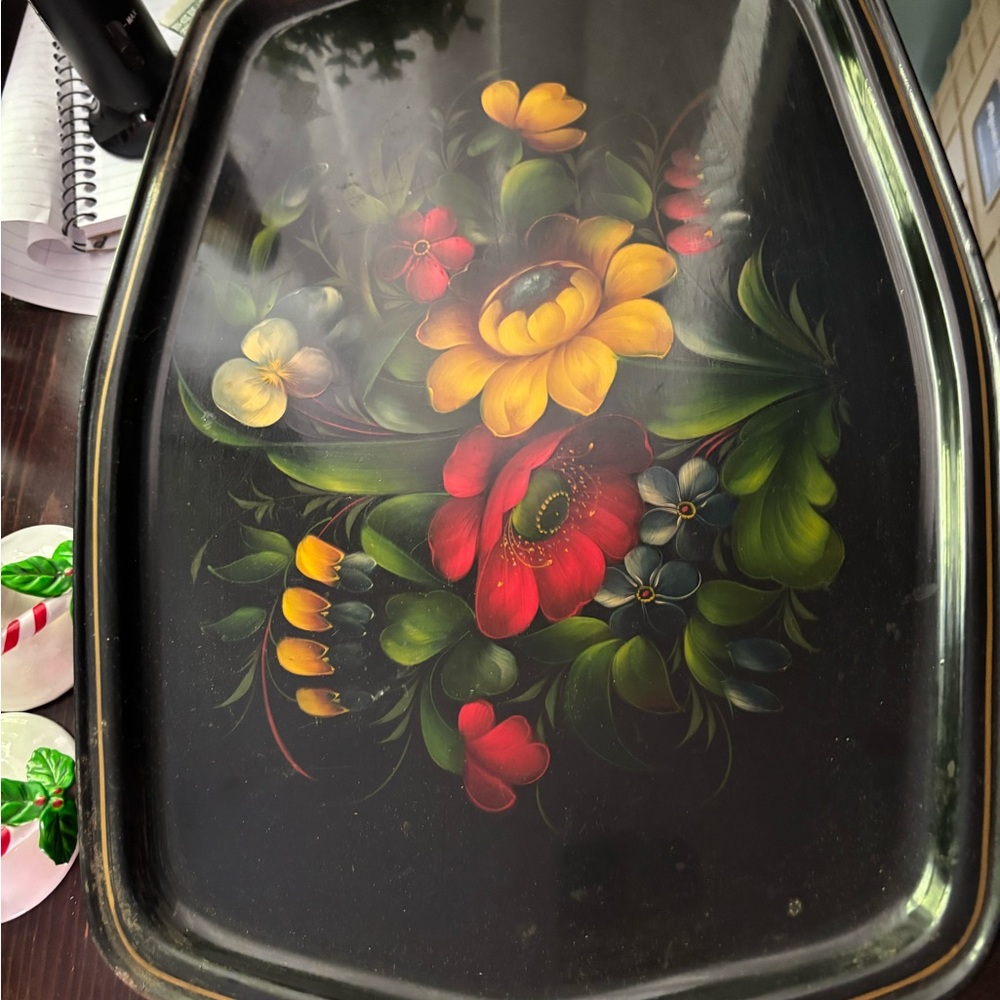 Hand Painted Soviet Russian TRAY Floral VINTAGE Black‎ metal USSR Zhostovo 1960s